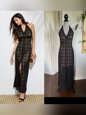 NWT Guess Tie Halter Black Lace Nude Effect Slit Maxi Party Gown Dress Sz 6